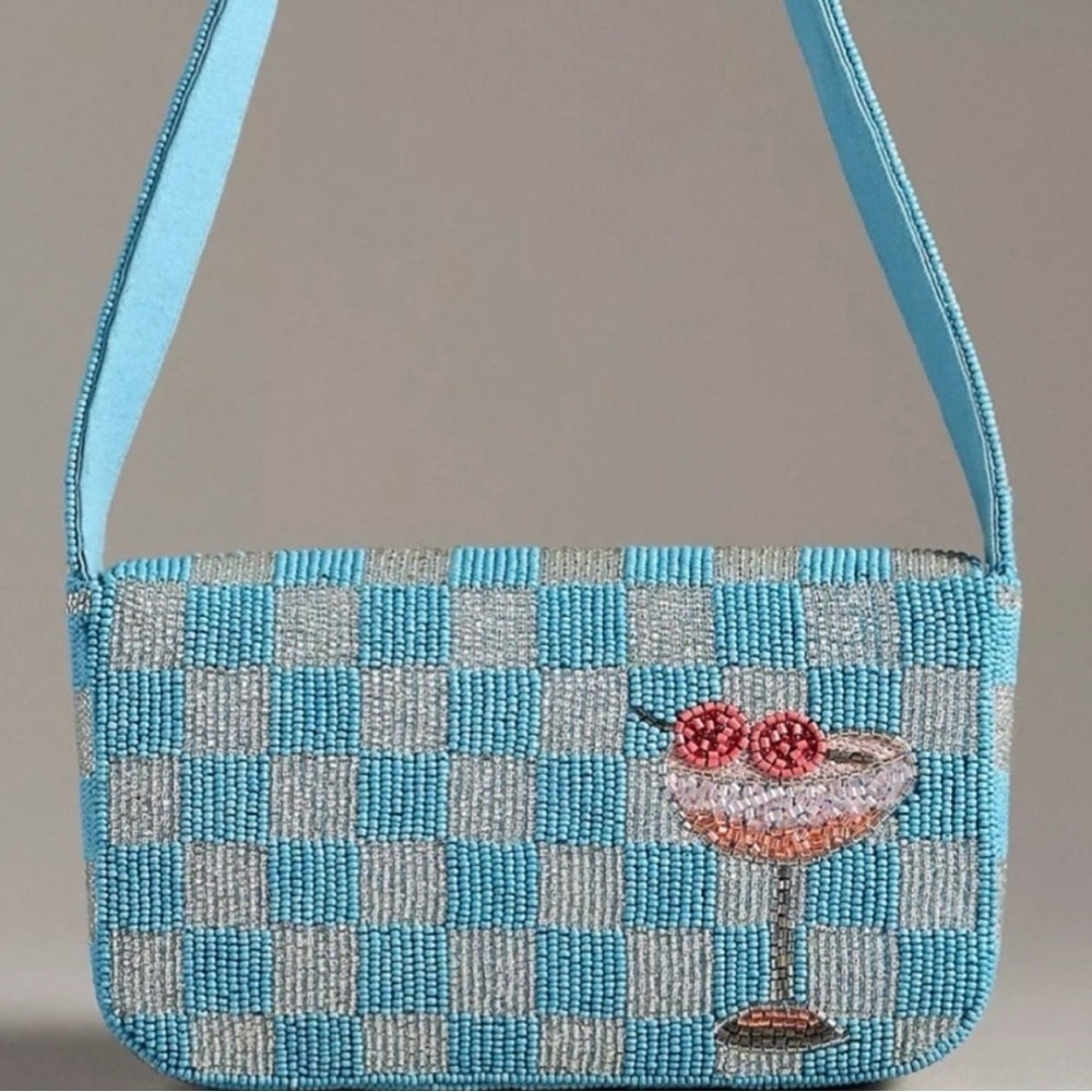 Anthropologie The Fiona Beaded Bag Food Drink Edition Cocktail Cherries Blue New - Picture 6 of 9